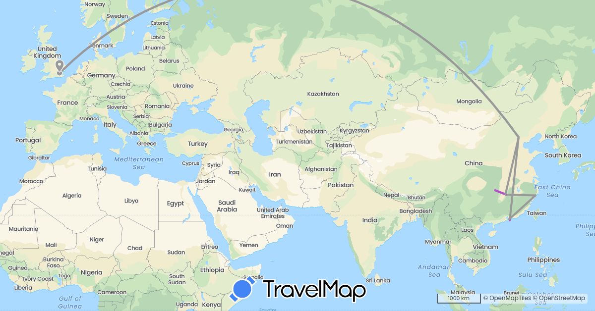 TravelMap itinerary: plane, train in China, United Kingdom (Asia, Europe)